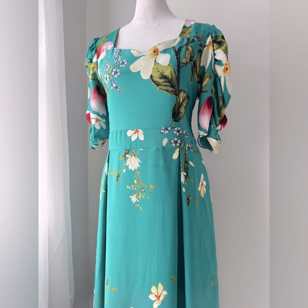Minh Phuong Teal Floral Print Sweetheart Neckline Half Sleeve Maxi Dress - Picture 3 of 7